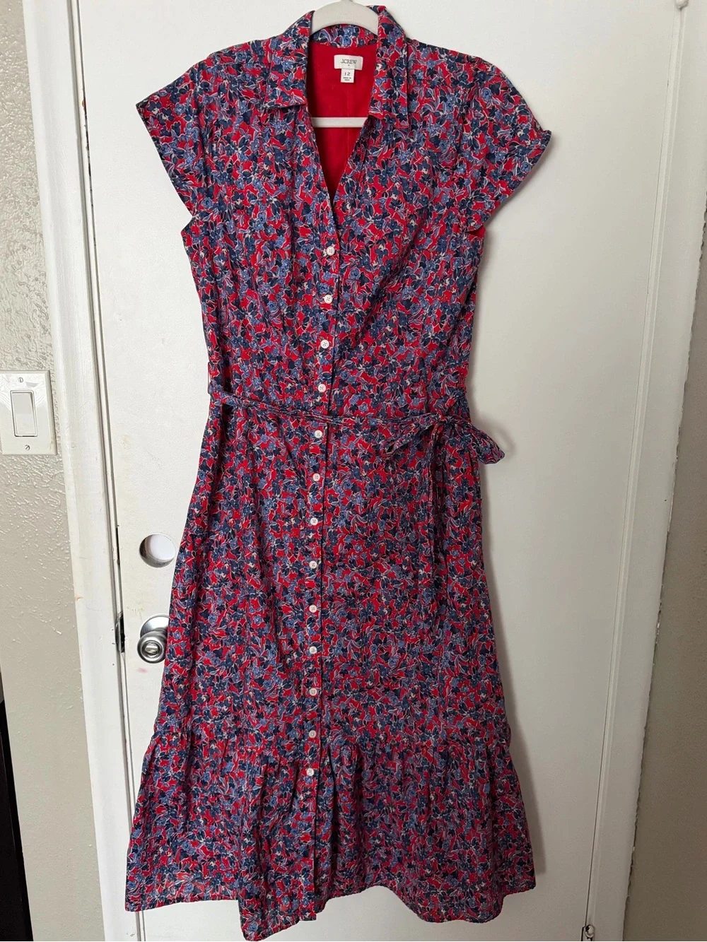 J. Crew Red and Blue Floral Midi Shirt Dress